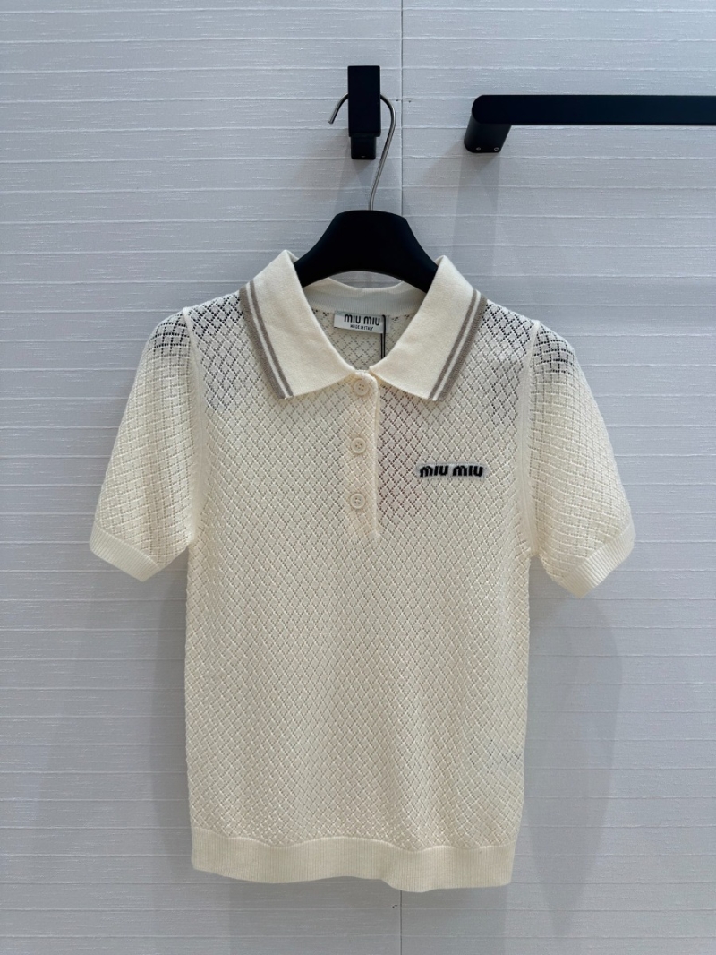 Miu Miu Youthful Diamond Knit Polo Shirt in Cream