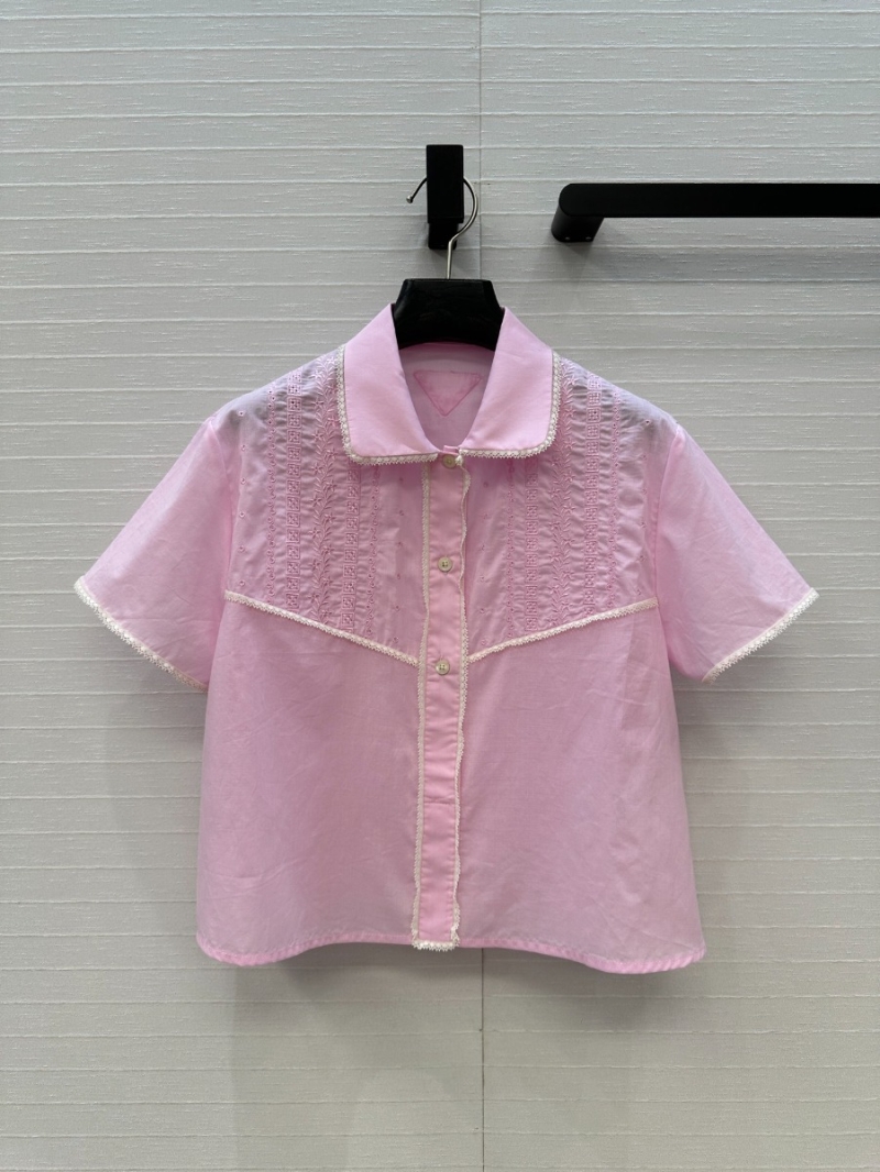 Prada Exclusive Spring-Summer Lace-Edge Short Sleeve Shirt Pink