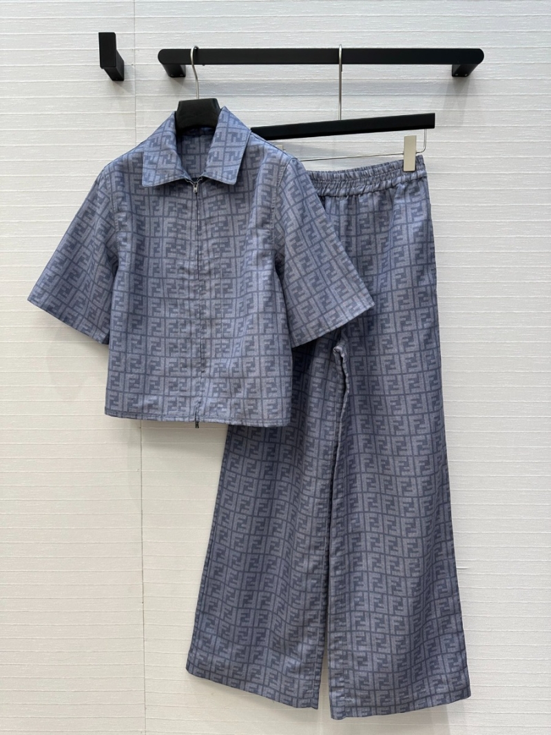 Fendi Classic FF Logo Print Blue Wide-Leg Pants - Luxe Cotton-Linen Blend