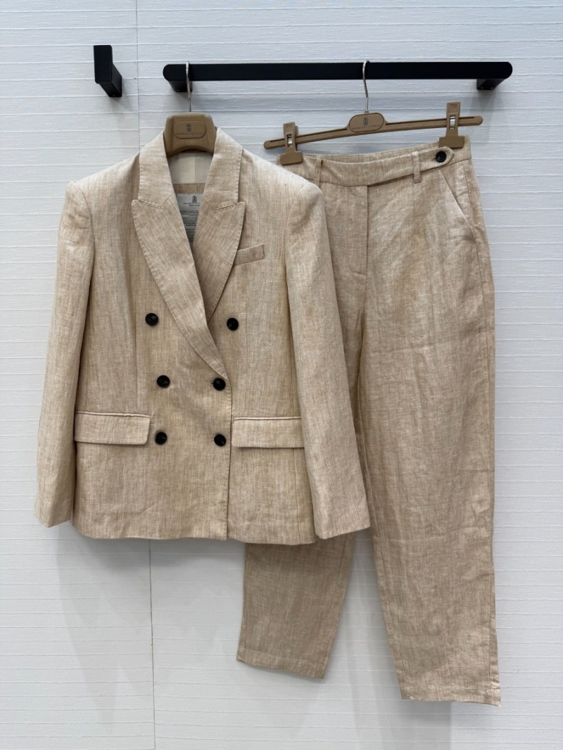 Brunello Cucinelli Custom Sequined Shimmer Linen Double-Breasted Blazer in Oatmeal