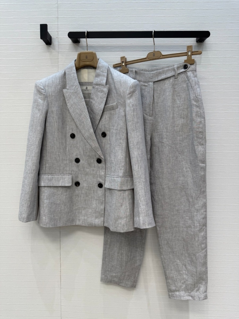 Brunello Cucinelli Custom Sequin Linen Double-Breasted Blazer in Oatmeal