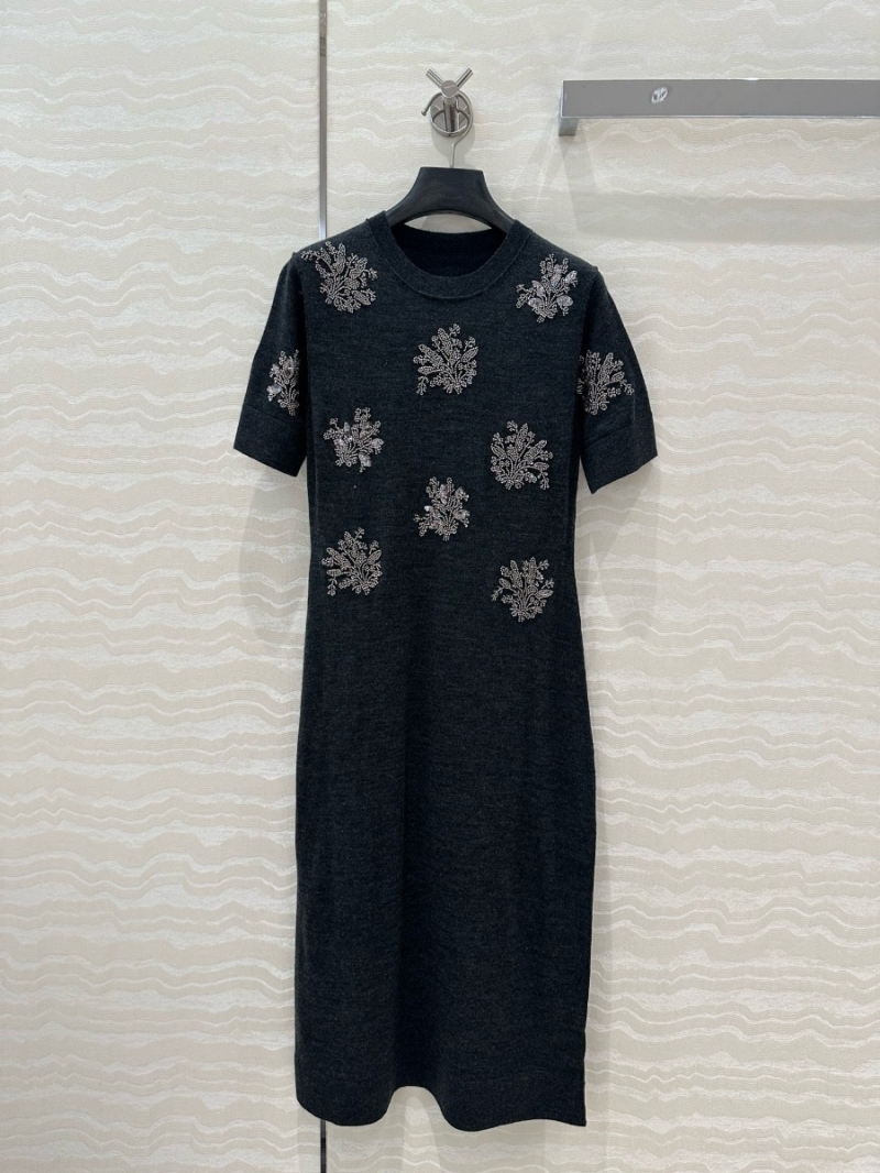 Fendi 25SS Floral Beaded Knit Wool Dress Black