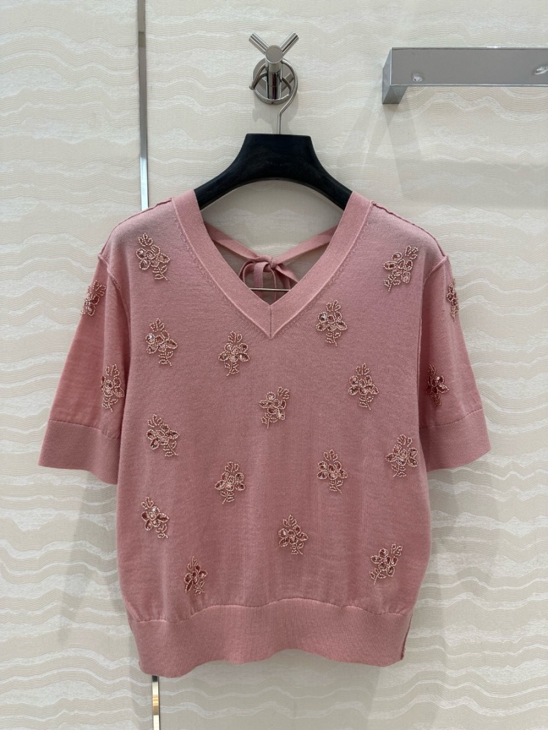 Fendi Floral Beaded V-Neck Wool Knit Top pink
