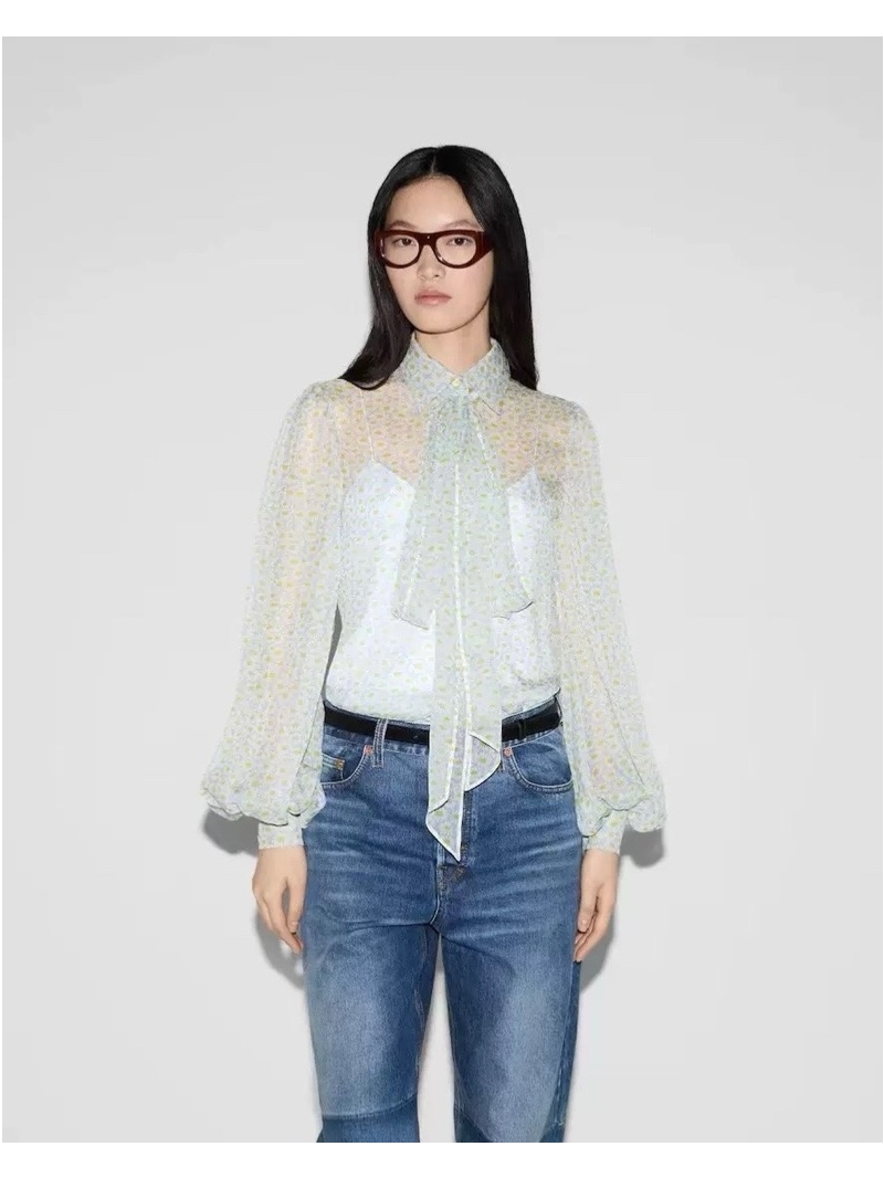Gucci 2025 Summer Spring Daisy Print with Imported Mulberry Silk Blouse Mint