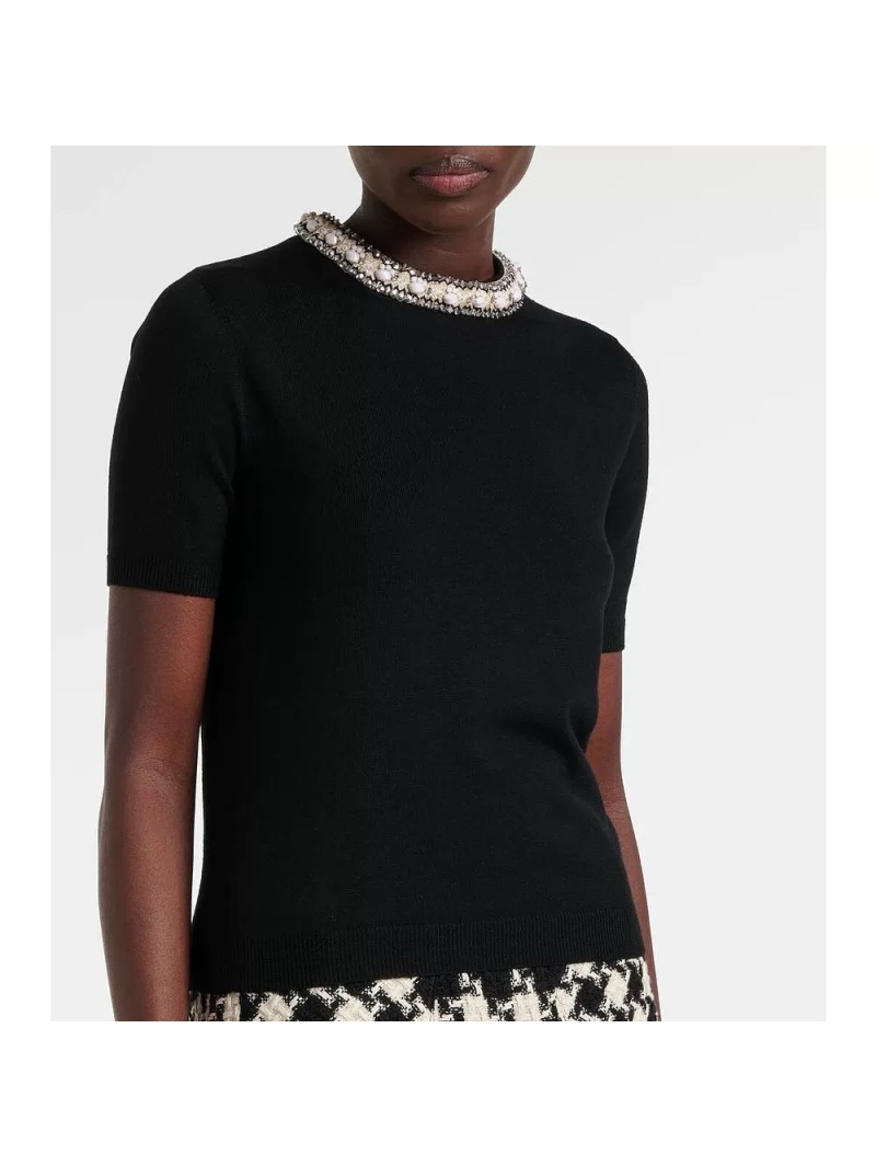 Valentino Elegant Crystal-Collar Wool Knit Top Black – Luxurious and Chic