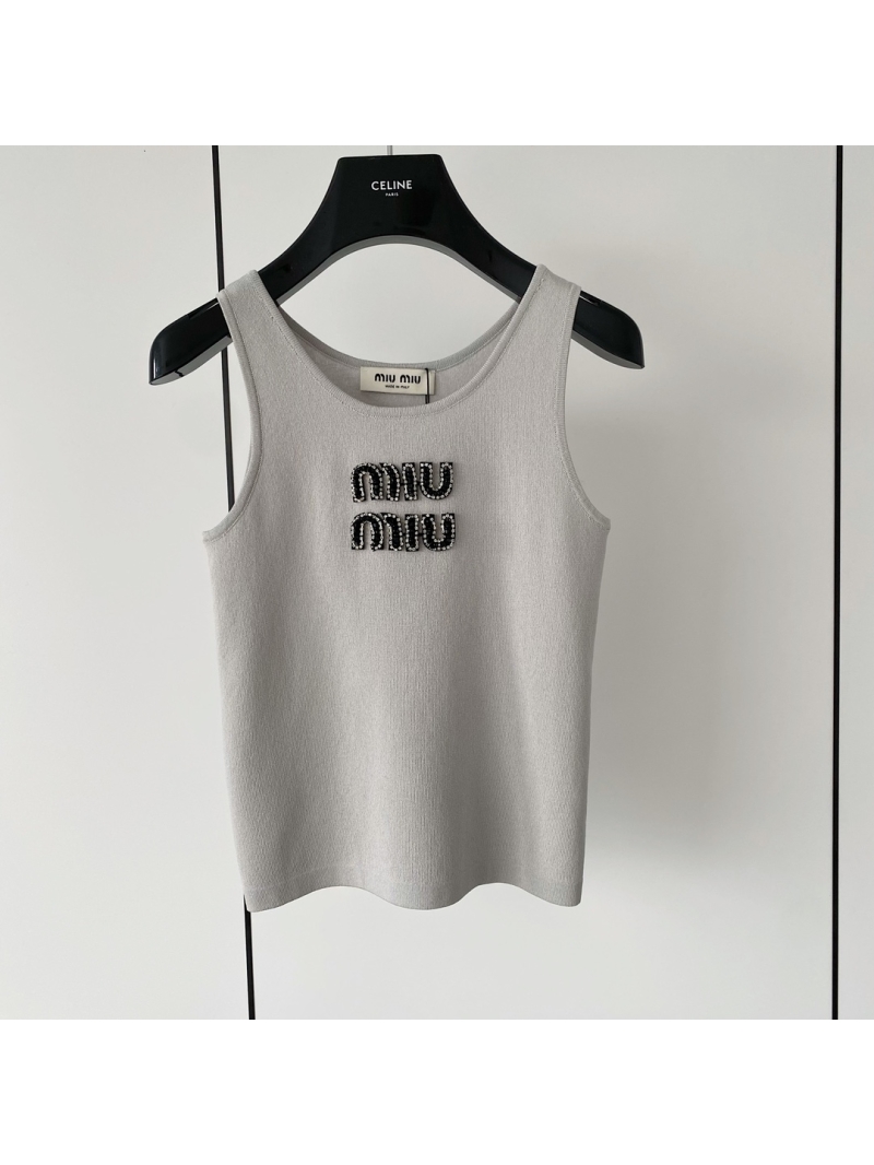 MiuMiu 24 Early Spring High-Craft Beaded Tank Top in Monochrome Grey