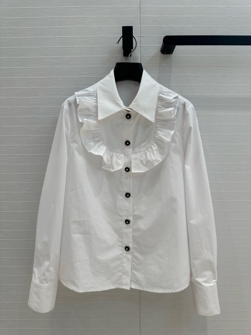 Chanel Spring 2025 Ruffled Collar White Blouse with Black Lion Buttons