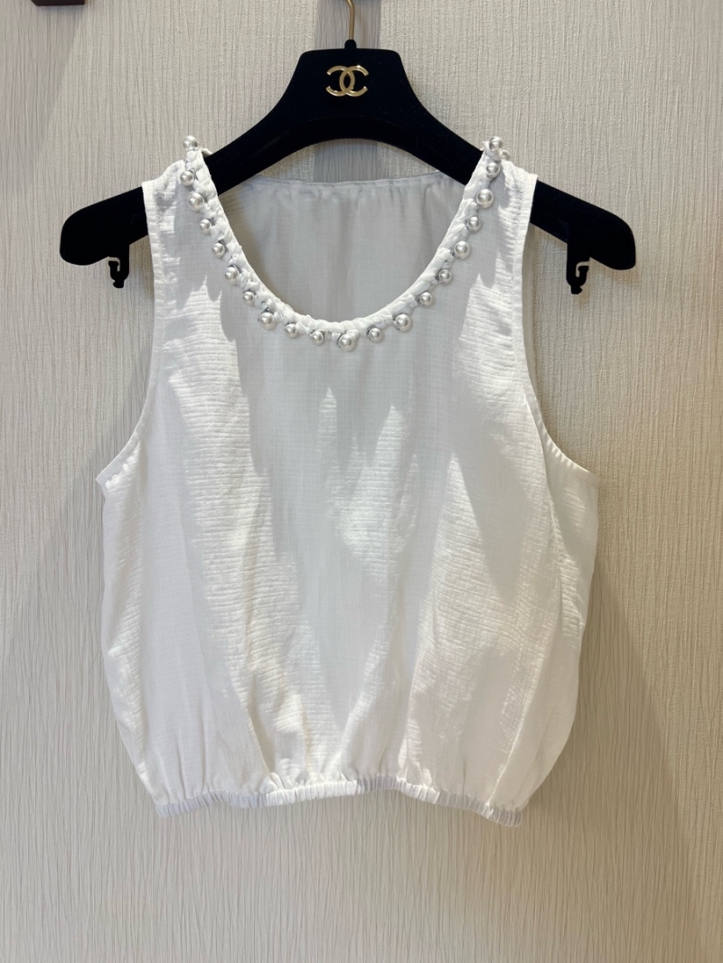 Chanel 25P Pearl-Embellished Sleeveless Jacquard Silk-Cotton Top