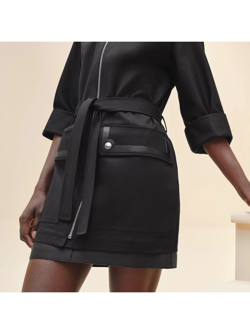 Hermes Elegant Fall Black Belted Coat with Leather Details Black