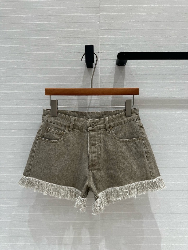 Miu Miu High-Waisted Fringed Denim Shorts Beige Hue