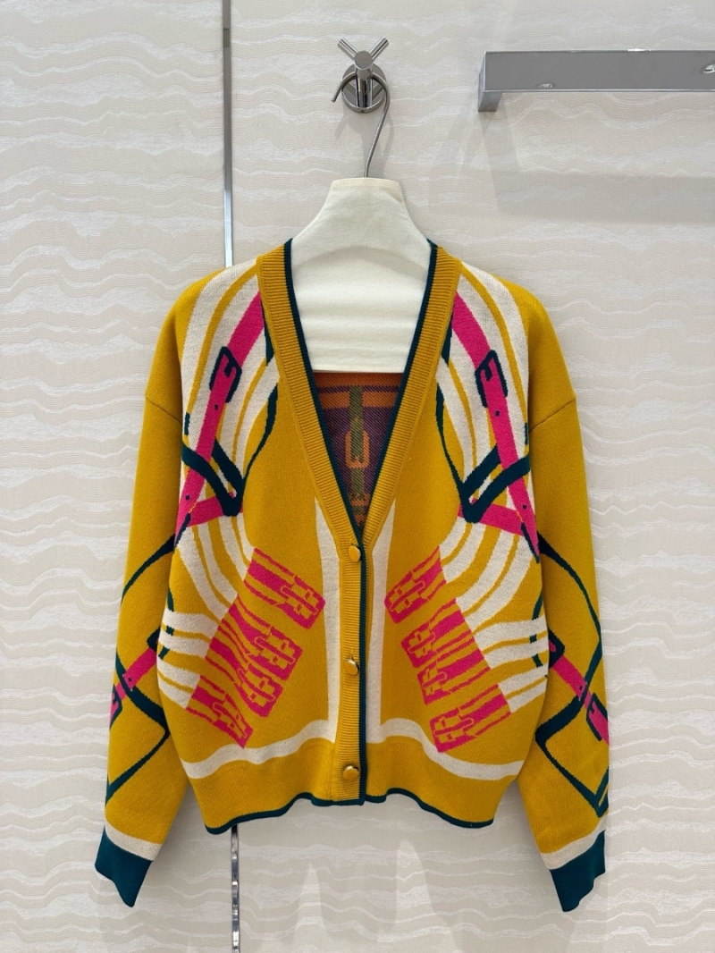Hermes Belt Buckle Pattern Long Sleeve Wool Cardigan Yellow