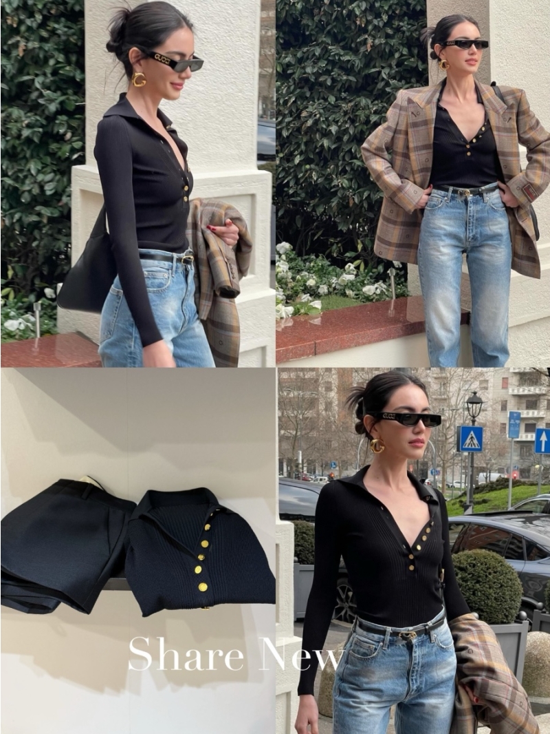 Gucci Gold-Button Ribbed Knit Slim-Fit V-Neck Collar Top