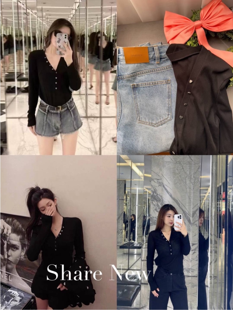 YSL Saint Laurent Heart Logo Button Ribbed Knit Top