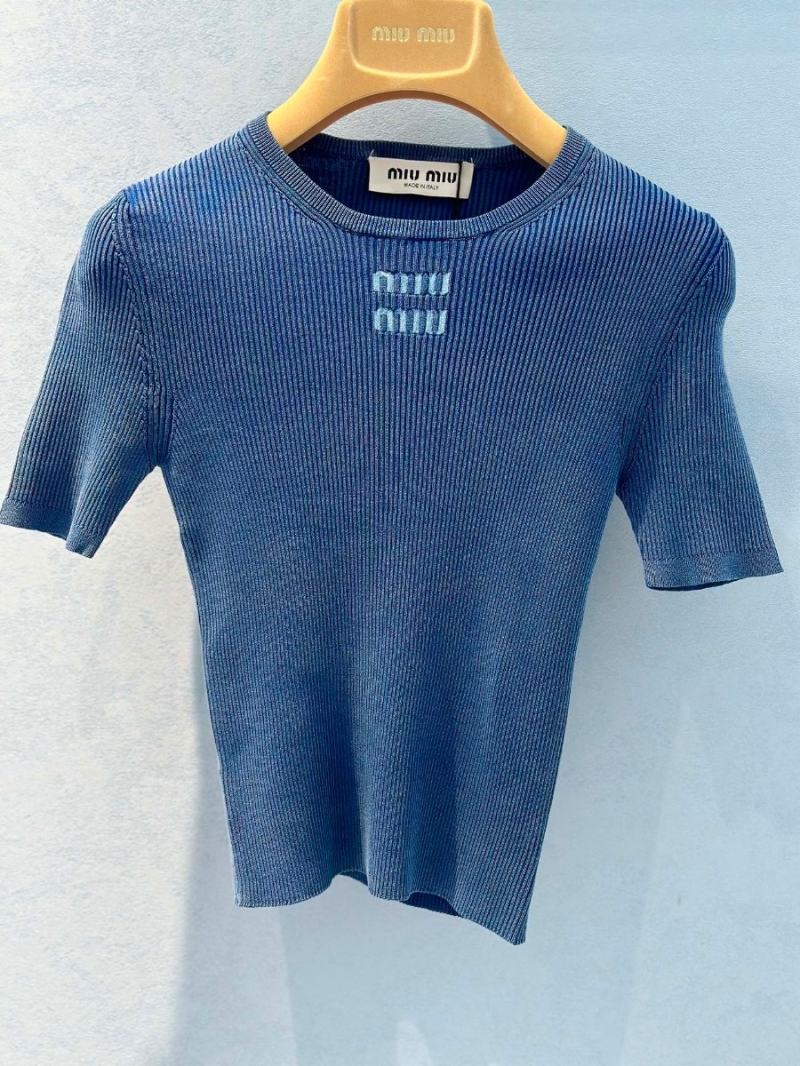 Miu Miu 24 FW Early Autumn Collection Vintage Washed Blue Elastic Short Sleeve Top