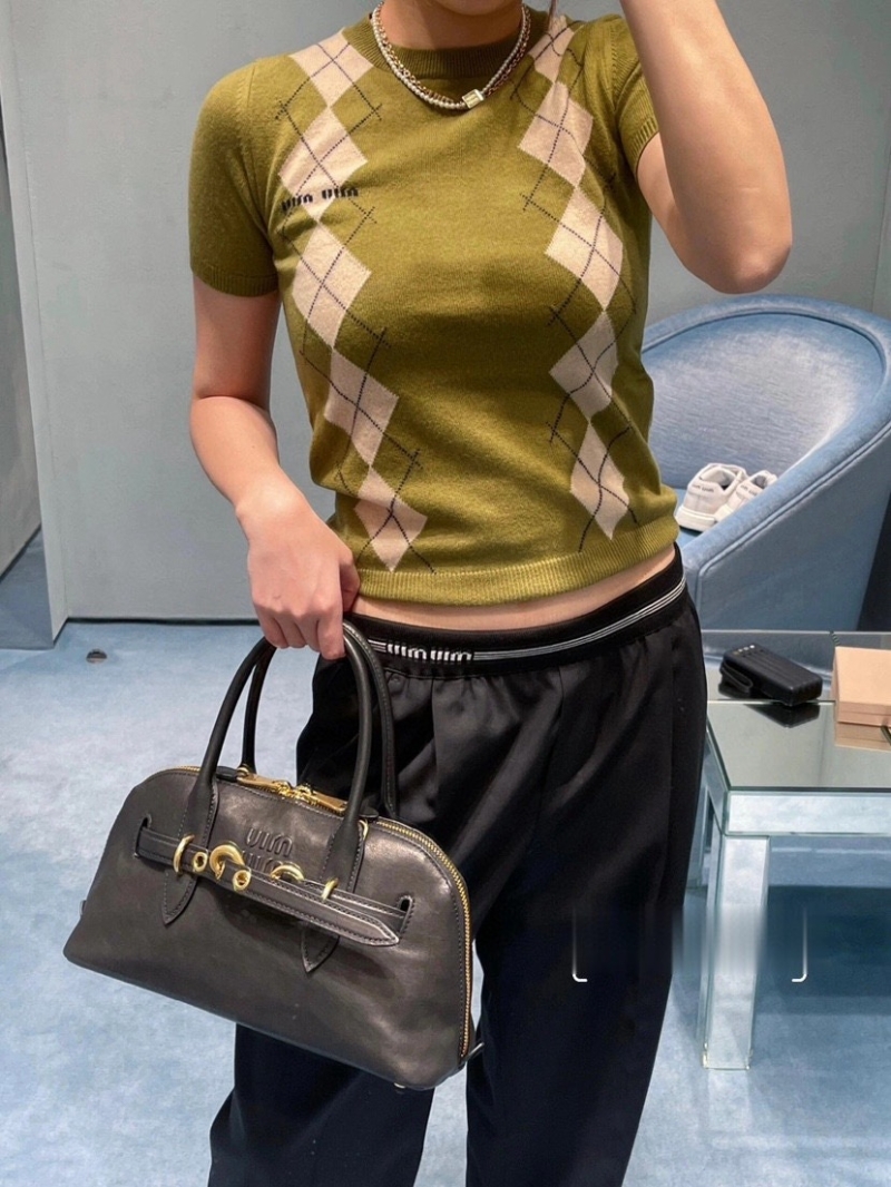 Miu Miu 24 FW Early Autumn Monogram Waistband High-Waist Wool Wide-Leg Pants