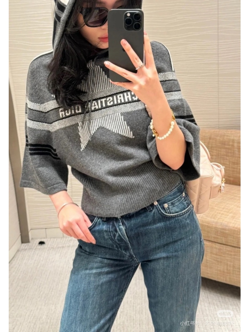 Dior Alpine Ski Collection Star Embellished Cashmere Blend Hoodie - Grey With White Striped Design