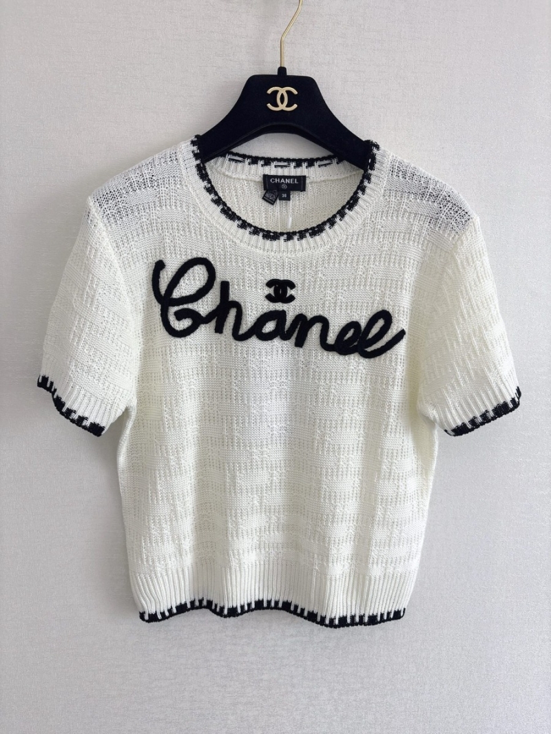 Chanel Cursive Logo Off-White Wool Knit Short Sleeve Top