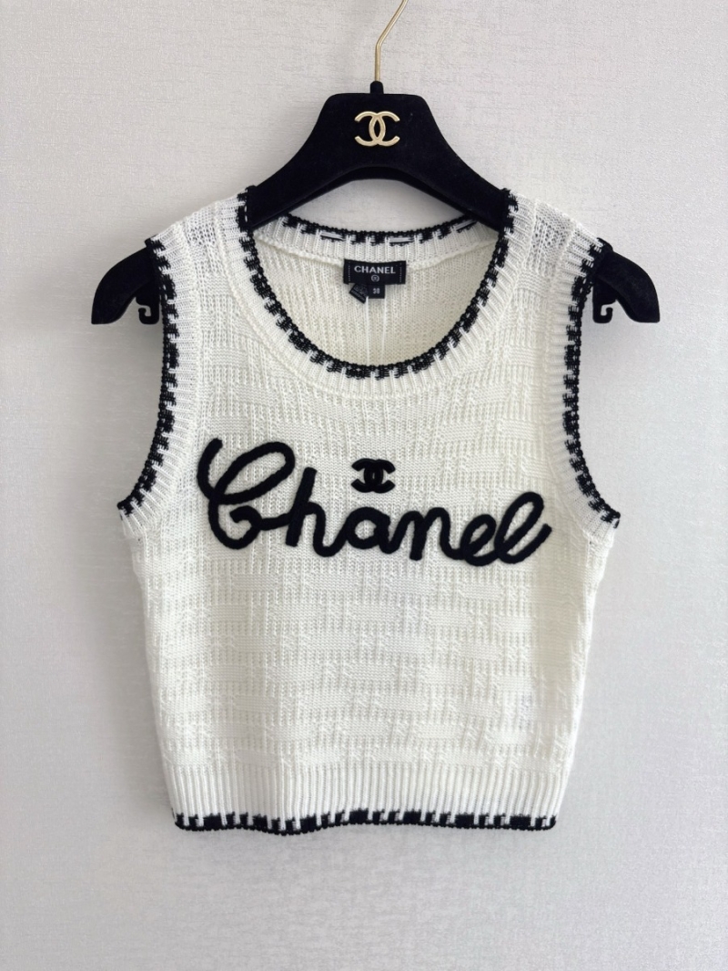 Chanel Signature Cursive Logo Knit Wool Vest in Off-White and Black