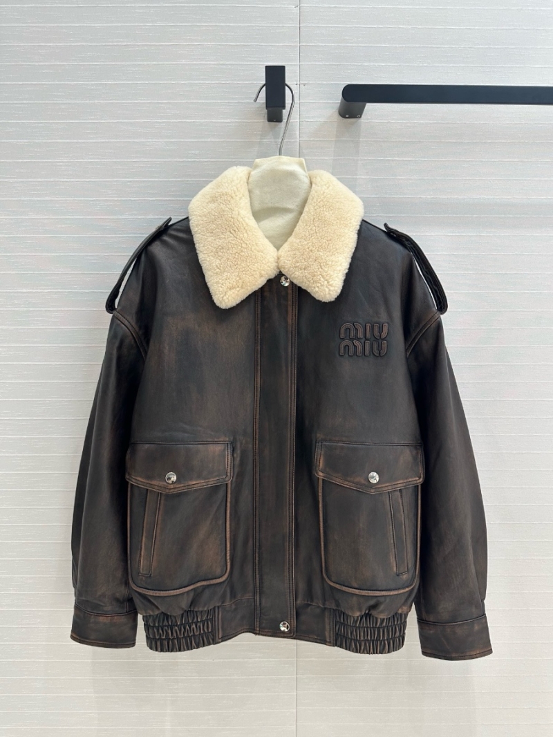 Miu Miu Unisex Imported Shearling Collar Leather Jacket