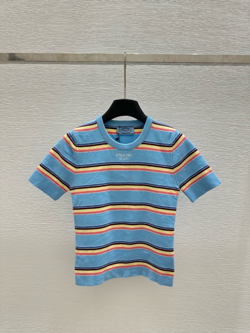 Prada Spring Knit Color-Block Striped Short-Sleeve Top