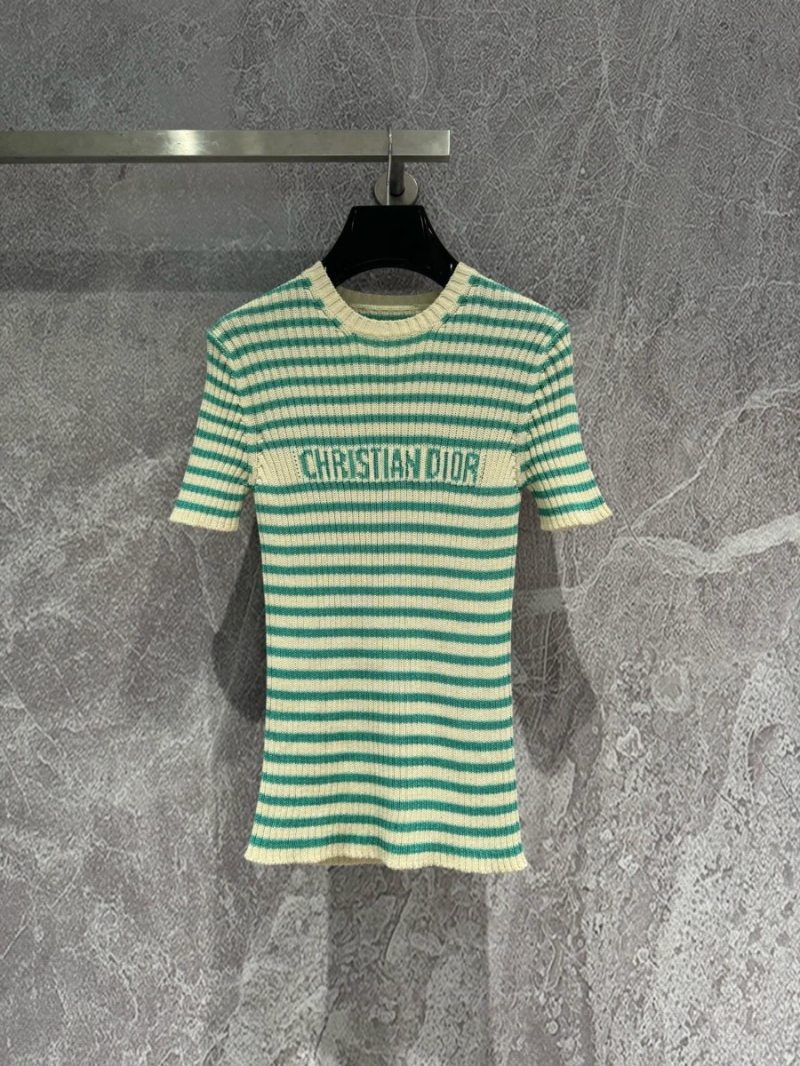 Christian Dior Essential Striped Knit Top Short sleeves Shirt in Fresh Green