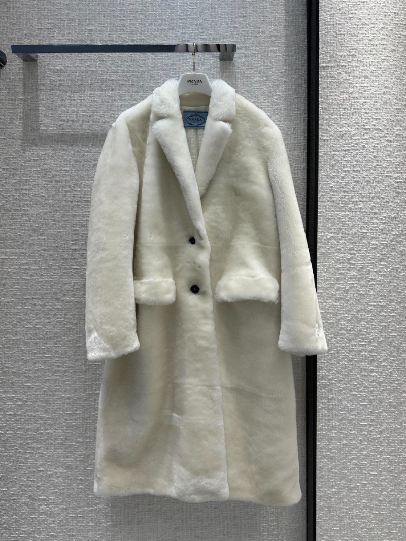 PRADA '23 Autumn-Winter Montone Limited Edition Merino Wool and Fur Long Trench Coat White 