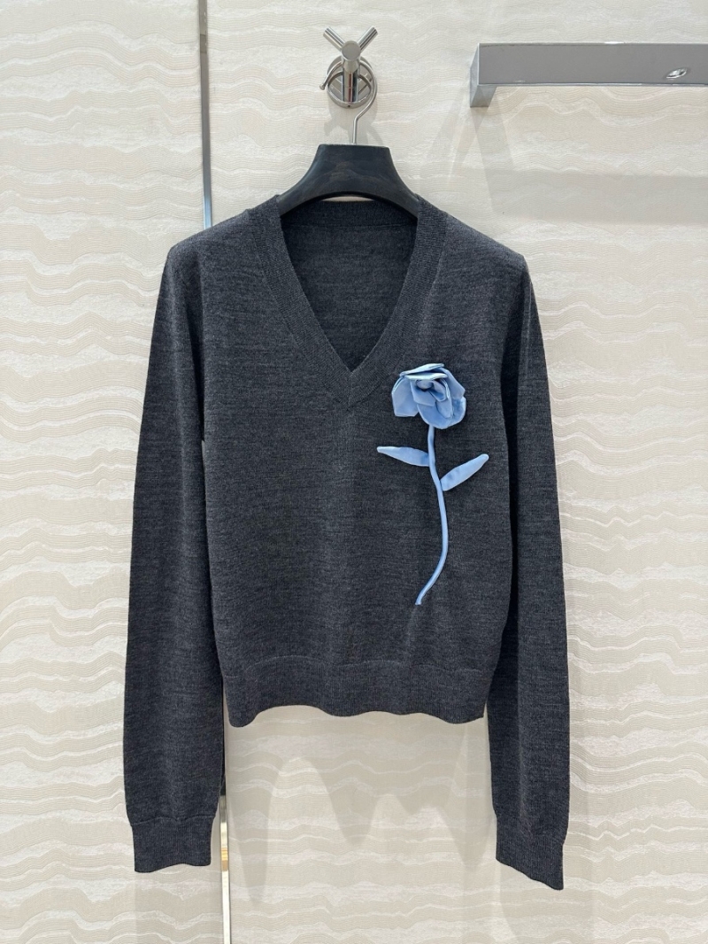 YSL Saint Laurent Fine Merino Wool V-Neck Sweater with 3D Floral Detail