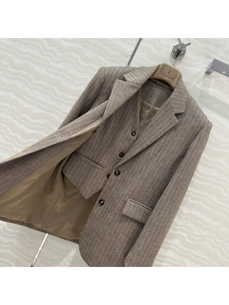 Brunello Cucinelli Herringbone Wool Suit Set Blazer with Vest