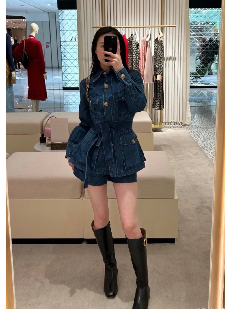 Valentino France Imported Wash Denim Jacket with Belted Waist