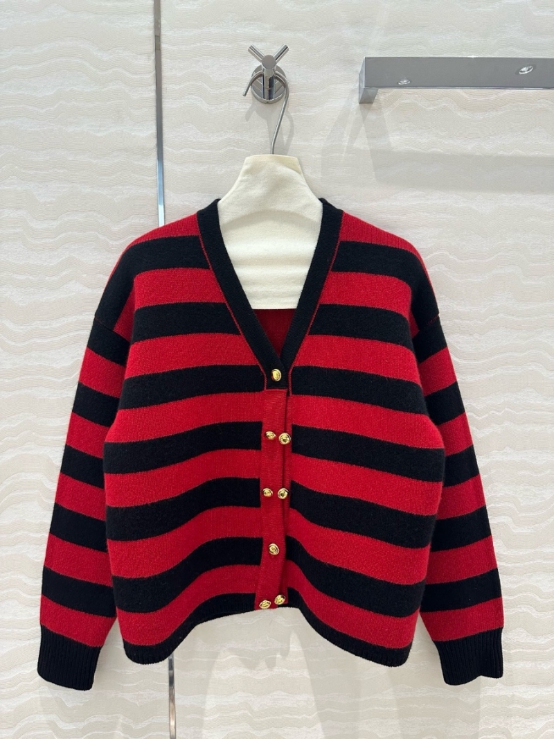 Miu Miu Festive Red Striped V-Neck Cashmere Cardigan