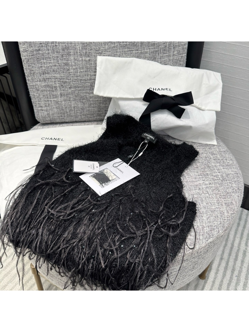 Chanel 25P Feather Knit Tank Top with Rhinestone Detailing Limited Edition Black
