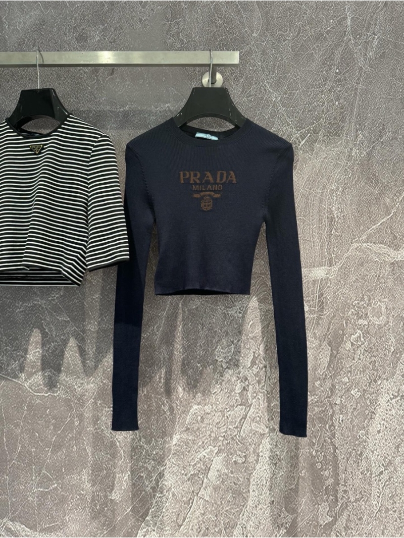 Prada Micro-Logo High-Waisted Knit Sweater Blue