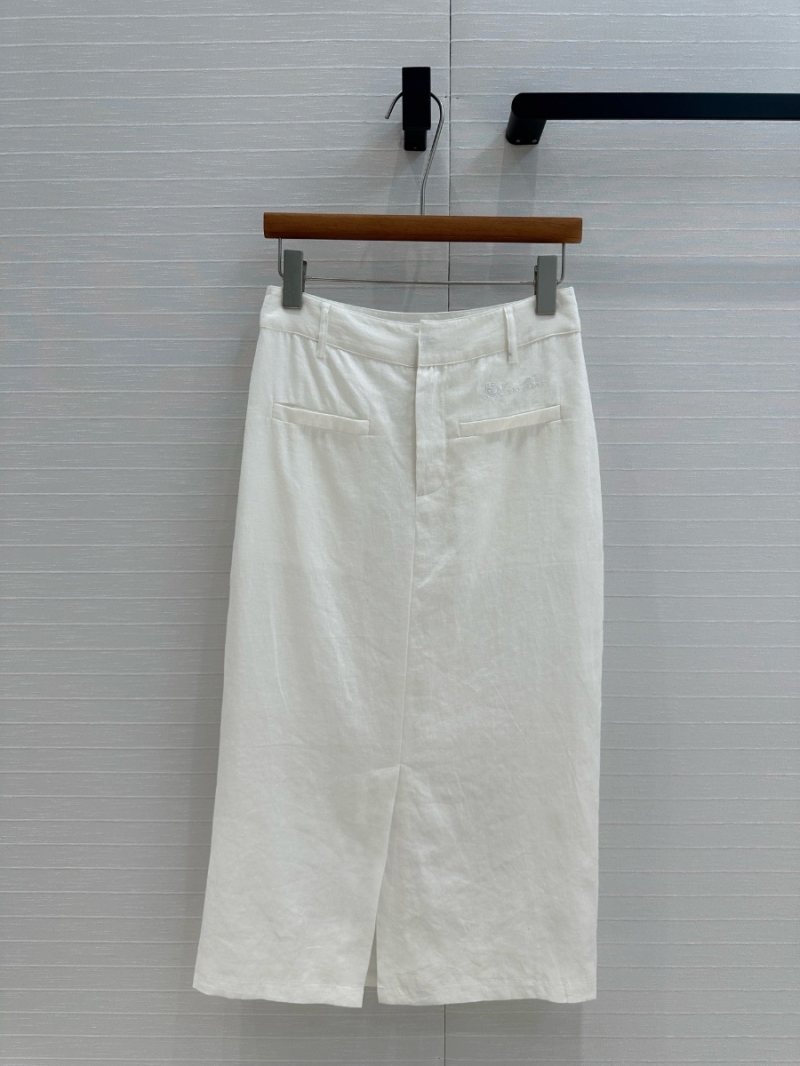 Loro Piana 2025 Early Spring Minimalist Cotton-Linen Midi Skirt with Embroidered Logo