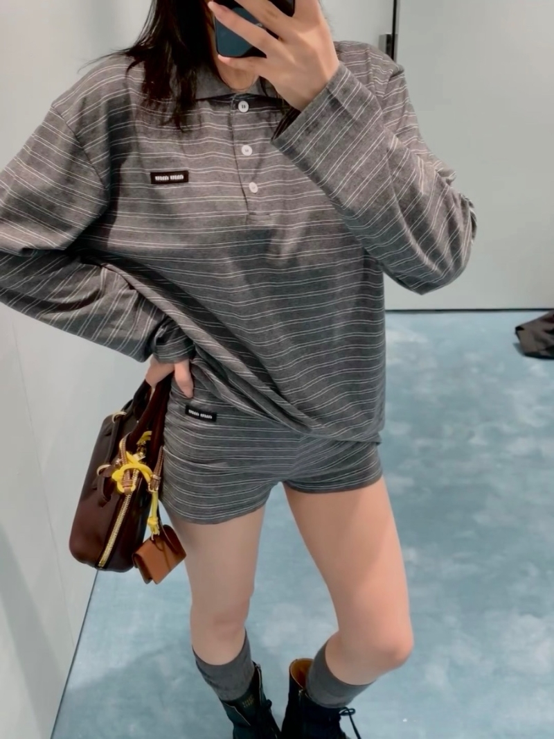 Miu Miu Early Spring 2025 Grey Striped Long Sleeve Polo Shirt