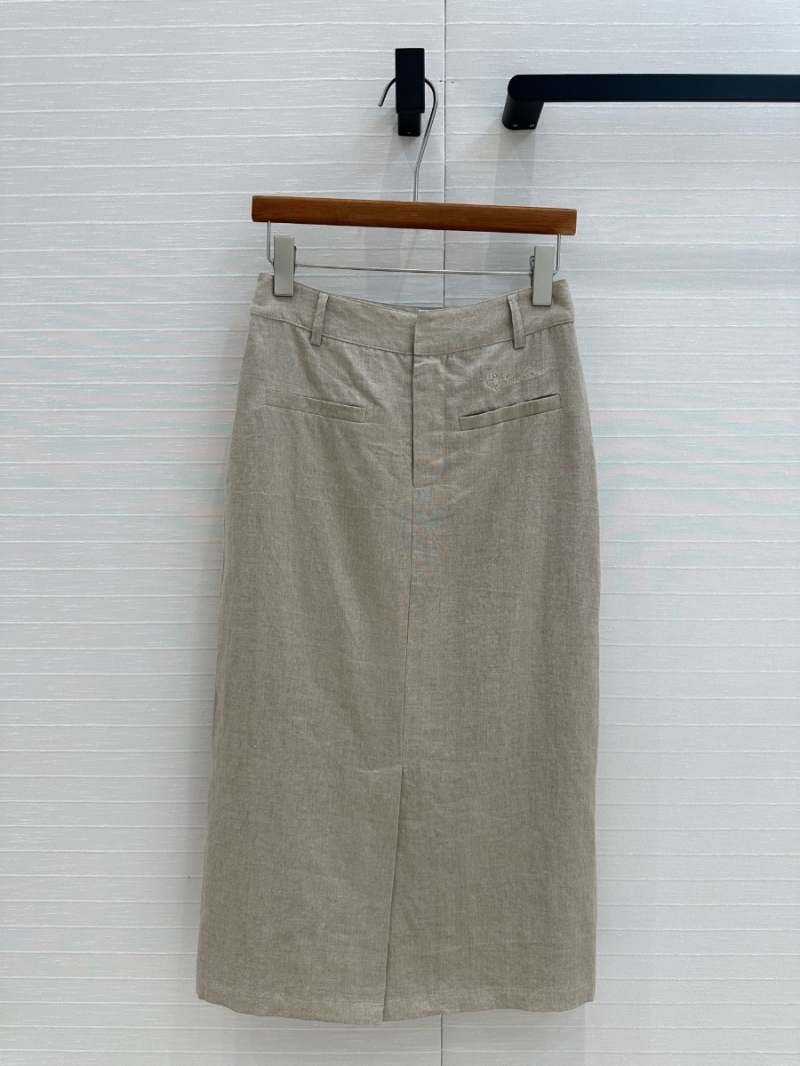Loro Piana 2025 Early Spring Minimalist Cotton-Linen Midi Skirt with Embroidered Logo Grey