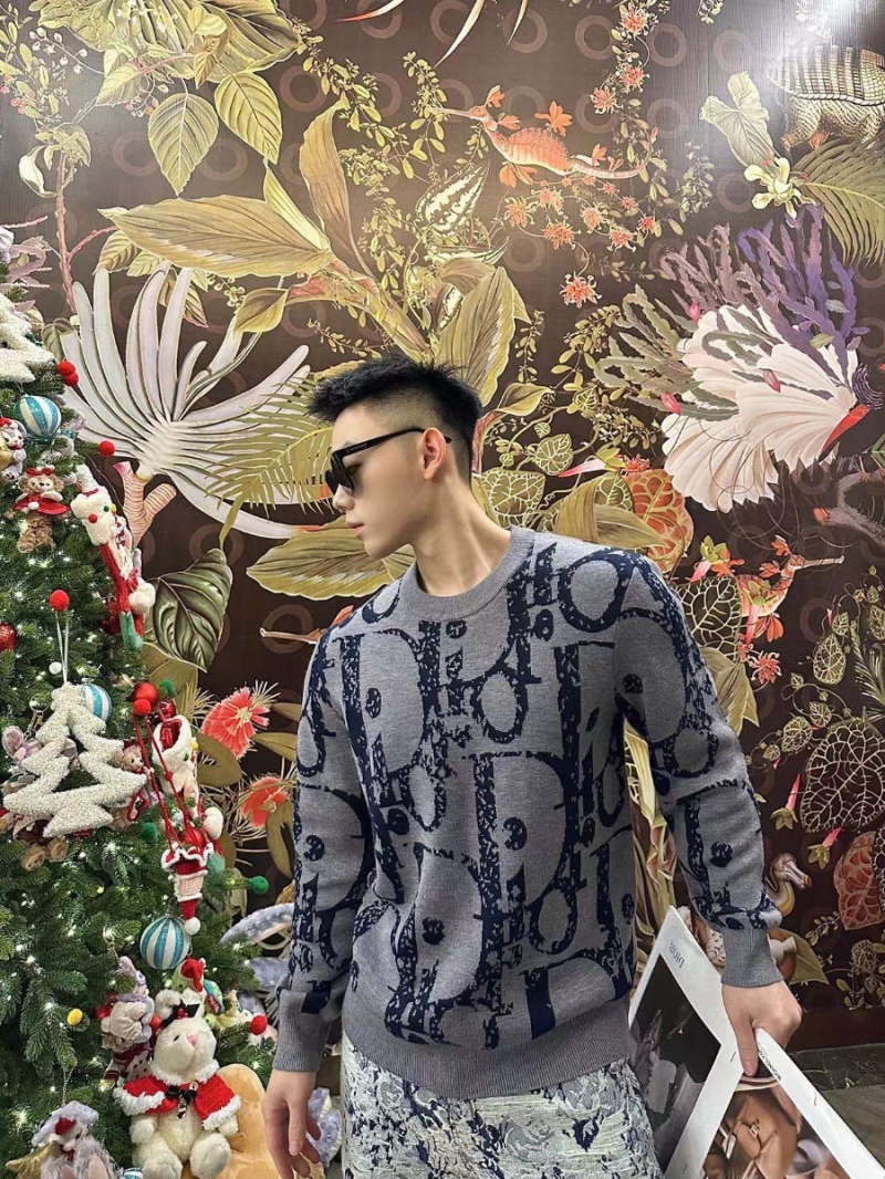 Dior Classic Letter Jacquard Knit Wool Sweater – Grey Blue