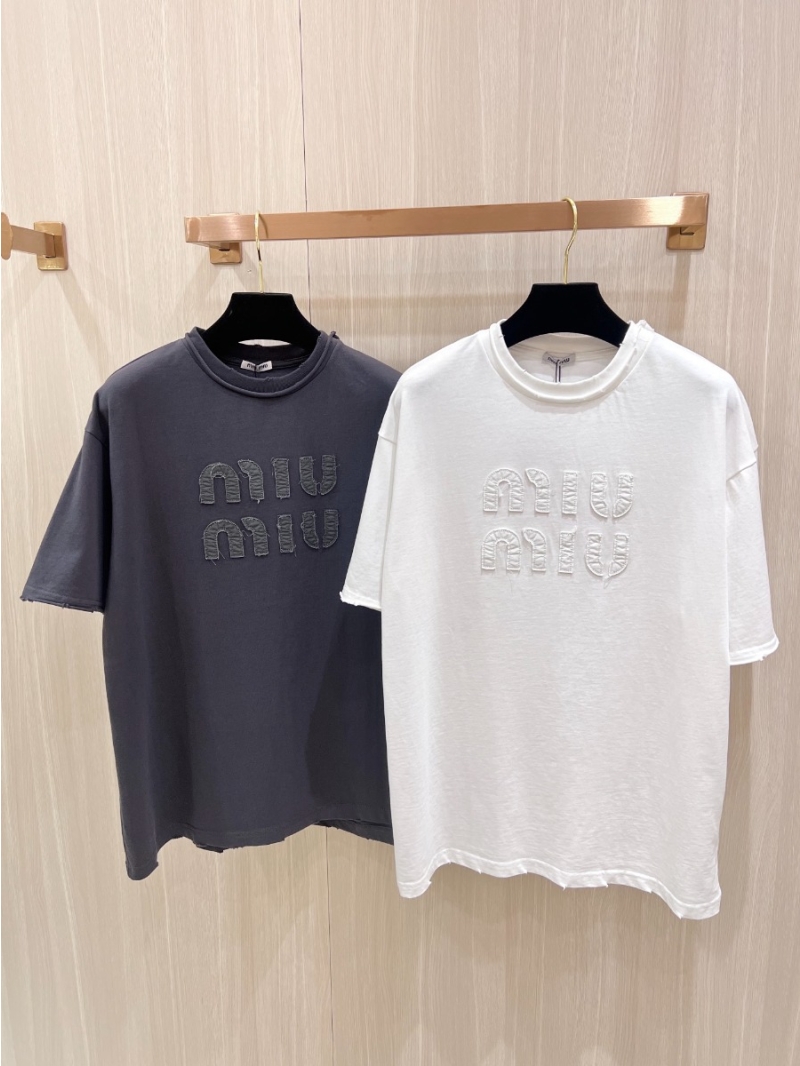 Miu Miu Embroidered Slogan Cotton Tee T-Shirt