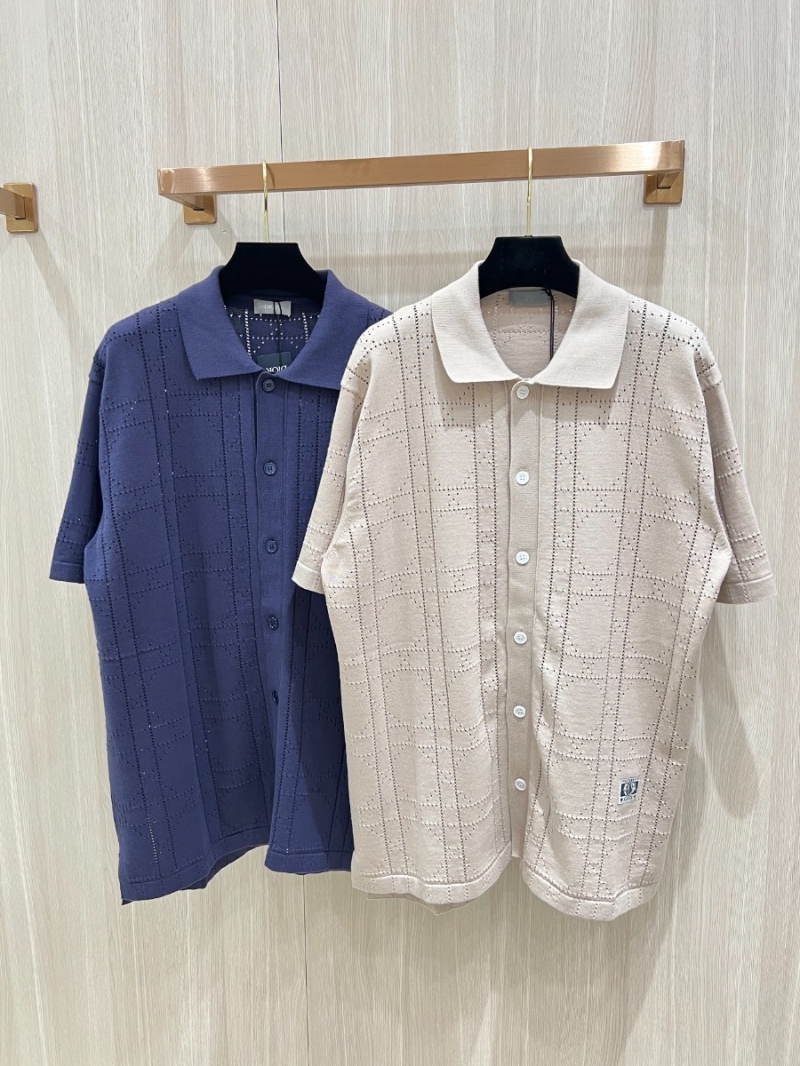 Dior 24SS Spring/Summer Small Label Trellis Pattern Openwork Knit Short Sleeve Polo navy blue
