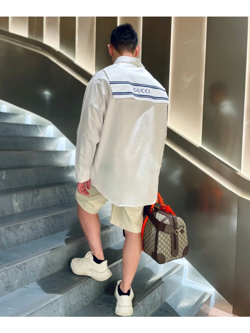 Gucci Ancora Red Collar Embroidery White Shirt