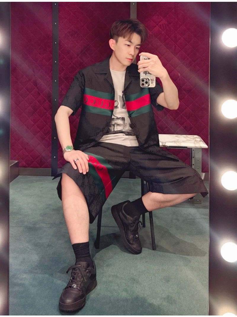Gucci Lido Collection Elegant Summer Woven Poplin Set Short Sleeve Shirt and Shorts - Black Pattern