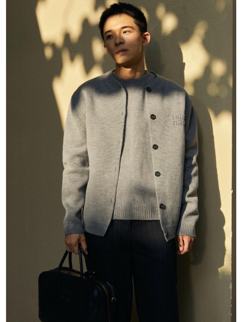 Miu Miu Embroidered Wool Knit Cardigan – Light Grey