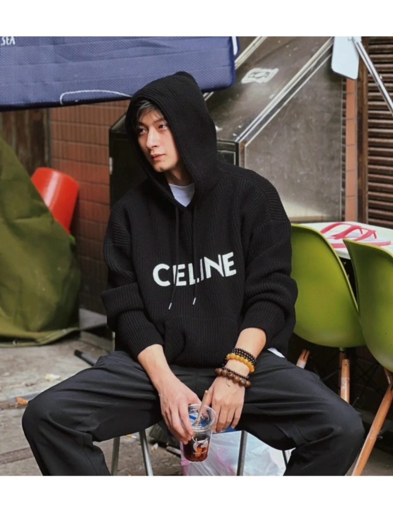 Celine Letter Wool Knit Hoodie – Black