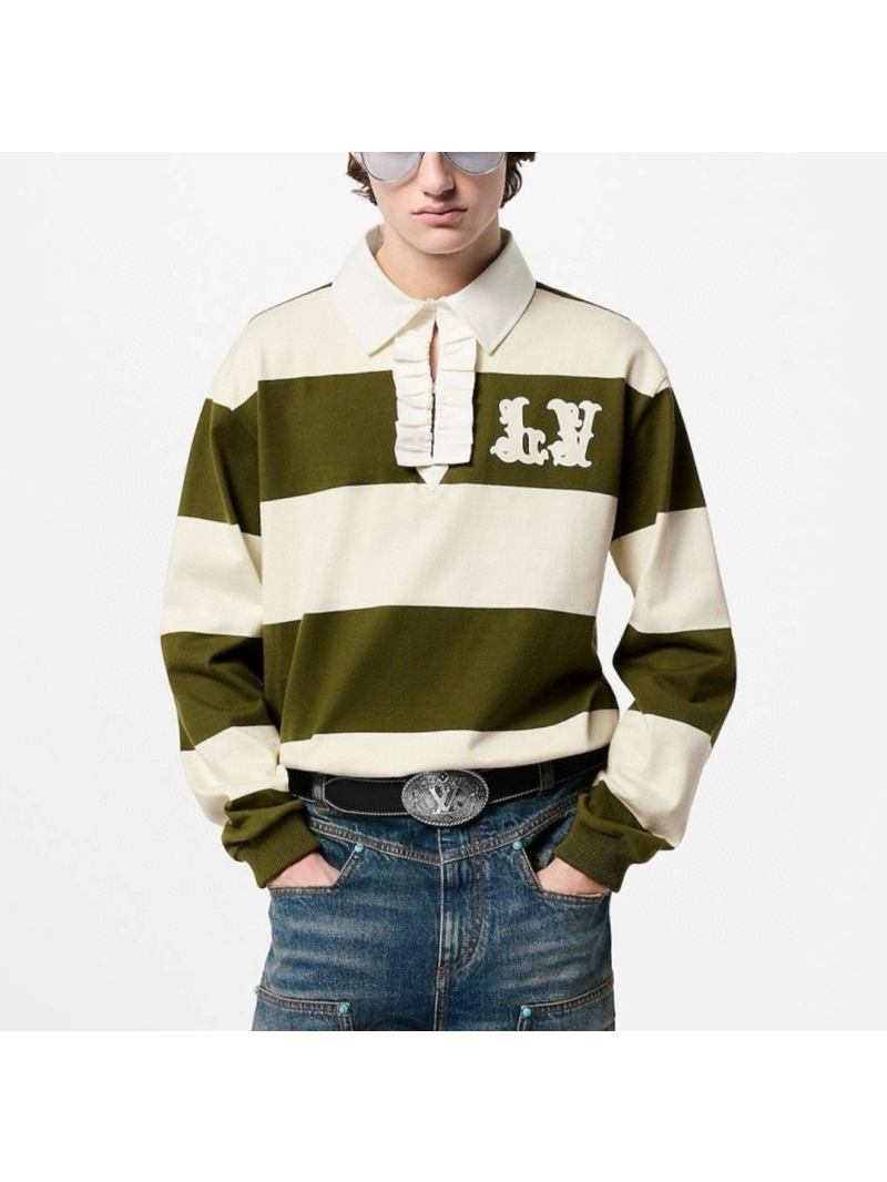 Louis Vuitton New Release. Western Cowboy Collection Striped Polo Long-Sleeve Sweatshirt (Olive Green/White)