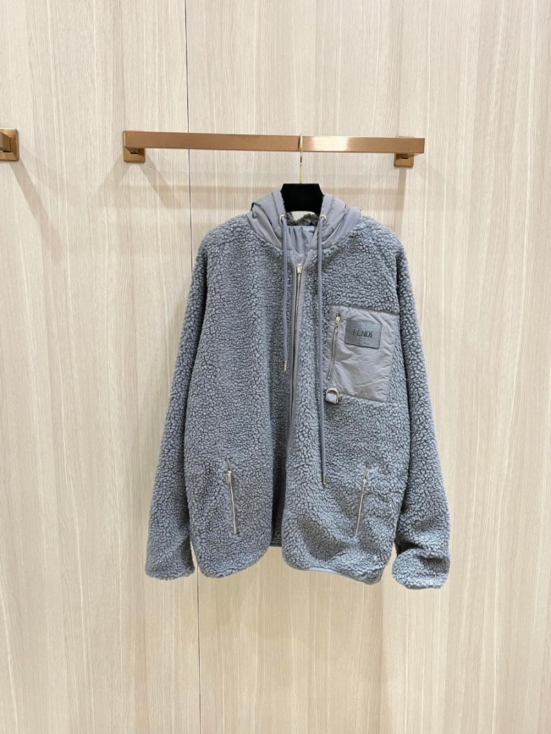 FENDI Roma Collection Plush Teddy Fleece Hooded Jacket in Gray