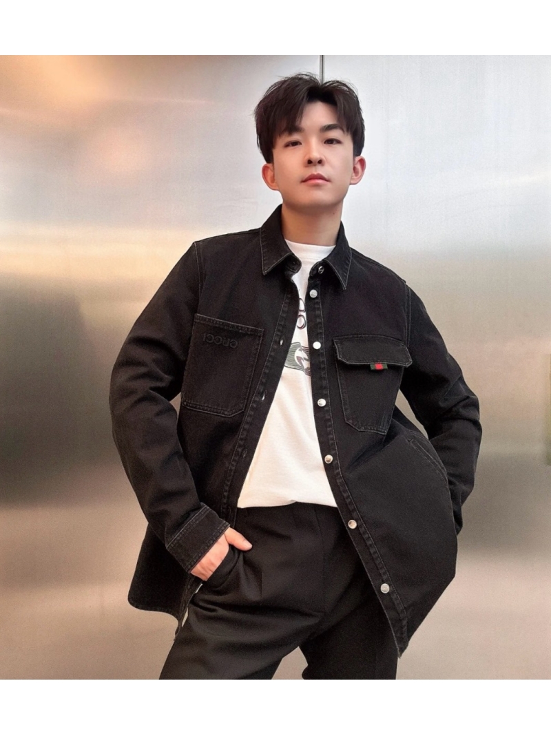 Gucci Washed Denim Shirt Jacket with Embroidery Details