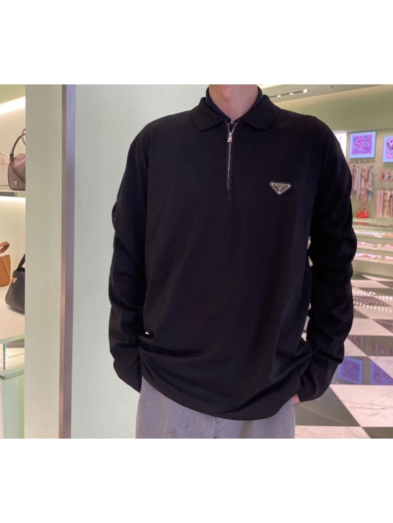Prada Triangle Logo Long-Sleeve Polo Shirt – Black