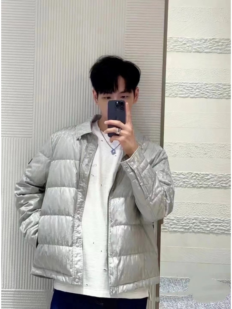 Dior Logo-Print Lightweight Down Jacket in Sleek Silver
