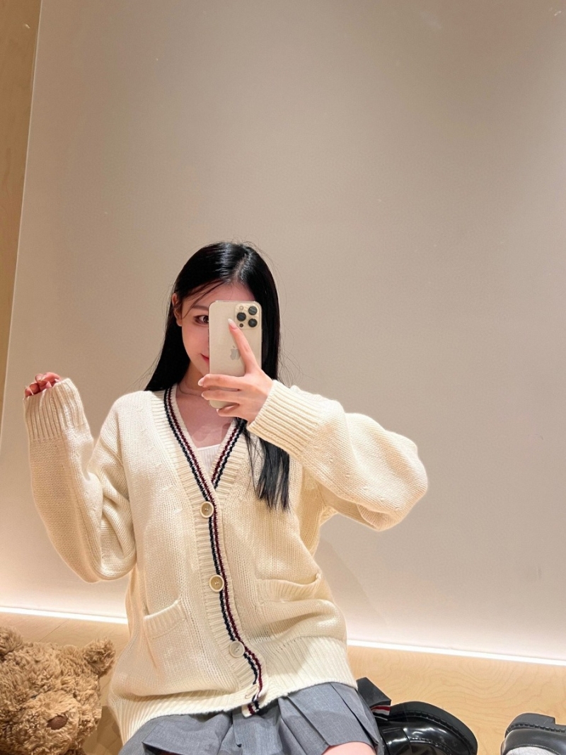 PRADA Red & Blue Striped V-Neck Wool Cardigan in Ivory