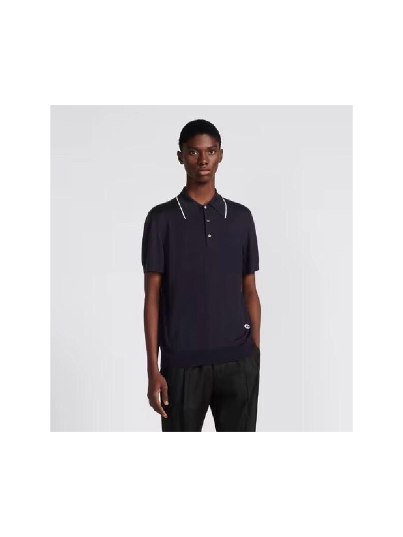 Dior New Collection Elegant Polo Knit Short-Sleeve Navy Blue