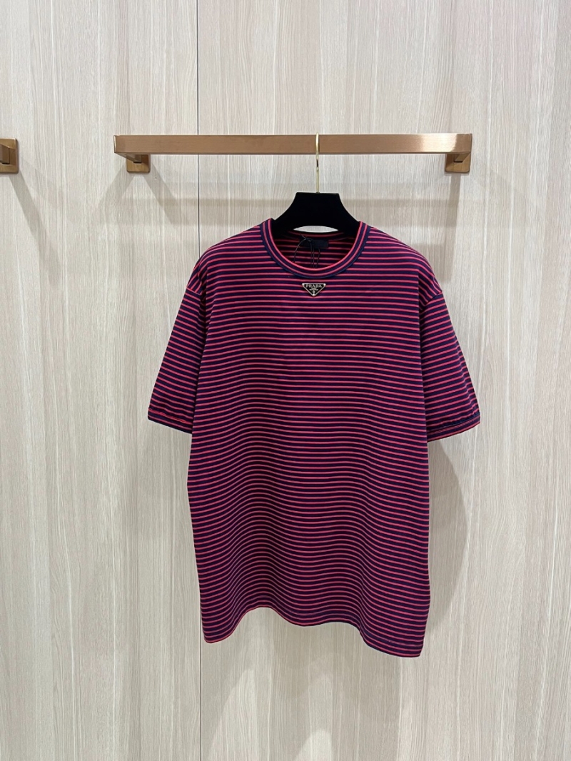 PRADA Summer 2025 Slim Fit Striped T-shirt with Triangle Enamel Logo. Black Stripes